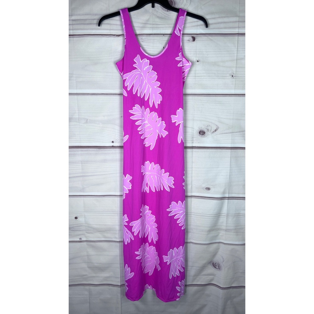 Gingy Dress Womens S Pink Palm Frond Print Maxi Tank Scoop Neck Sleeveless Knit